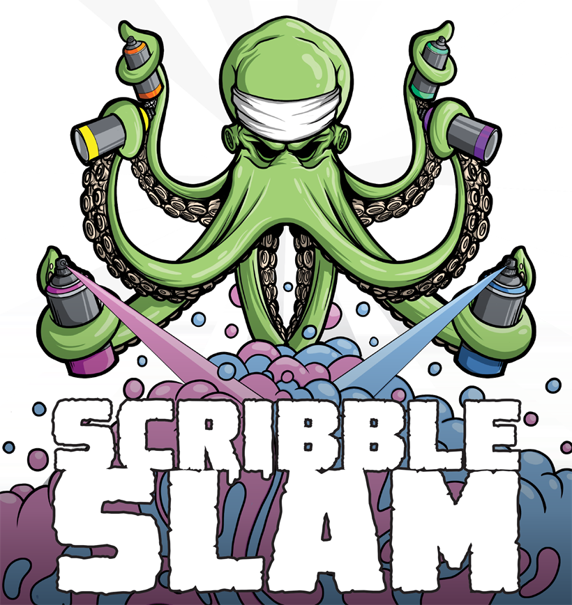 Scribble Slam mascot: a masked green octopus wielding six spray cans, above the hand-drawn Scribble Slam wordmark